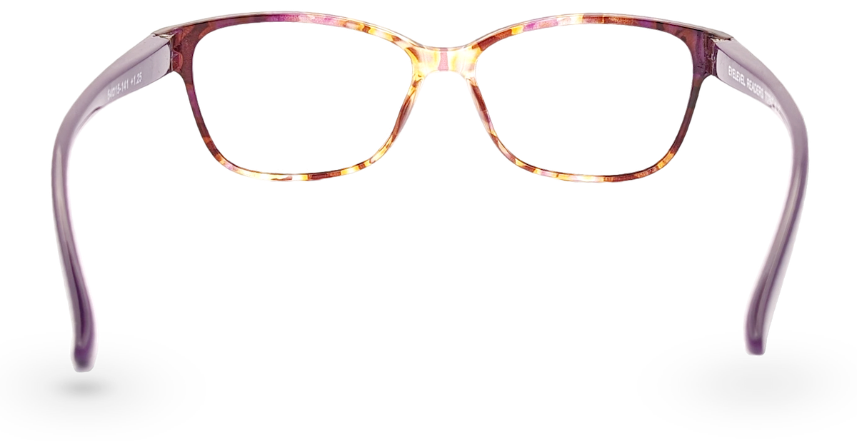 Eyelevel-UK Topaz reading glasses featuring a purple multi-coloured square plastic frame and clear magnifying lenses.