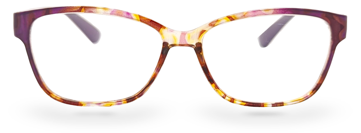 Eyelevel-UK Topaz reading glasses featuring a purple and multi-coloured square plastic frame with clear lenses.