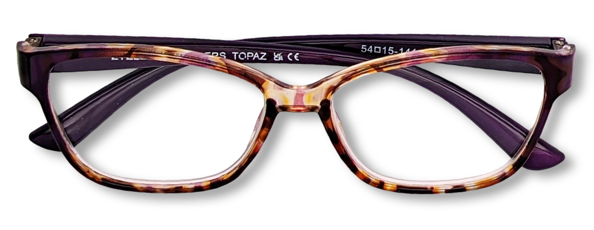 Eyelevel-UK Topaz reading glasses with a purple and tortoiseshell square plastic frame and clear magnifying lenses.