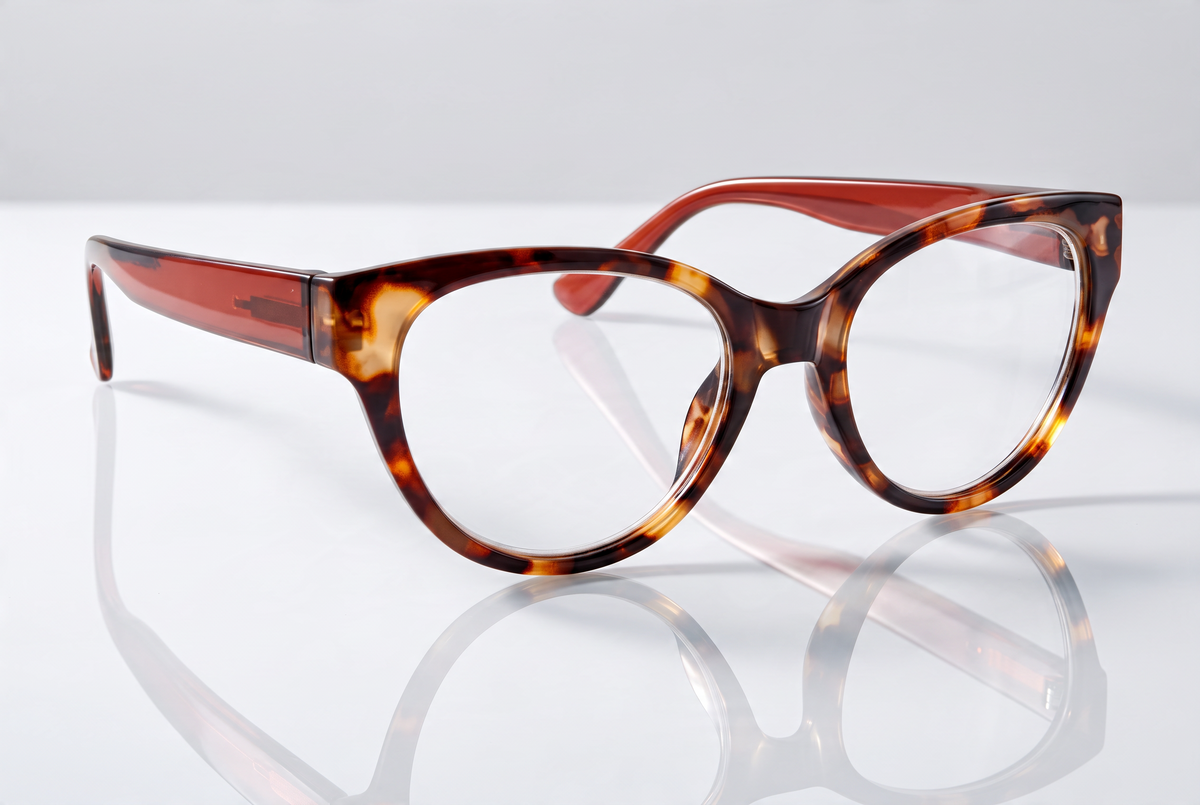 Eyelevel-UK Windsor cat-eye reading glasses with a brown tortoiseshell plastic frame on a reflective white surface