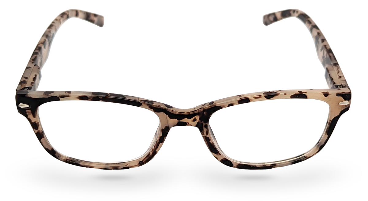 Eyelevel-UK Zante reading glasses with a brown and beige tortoiseshell rectangular frame and clear magnifying lenses.