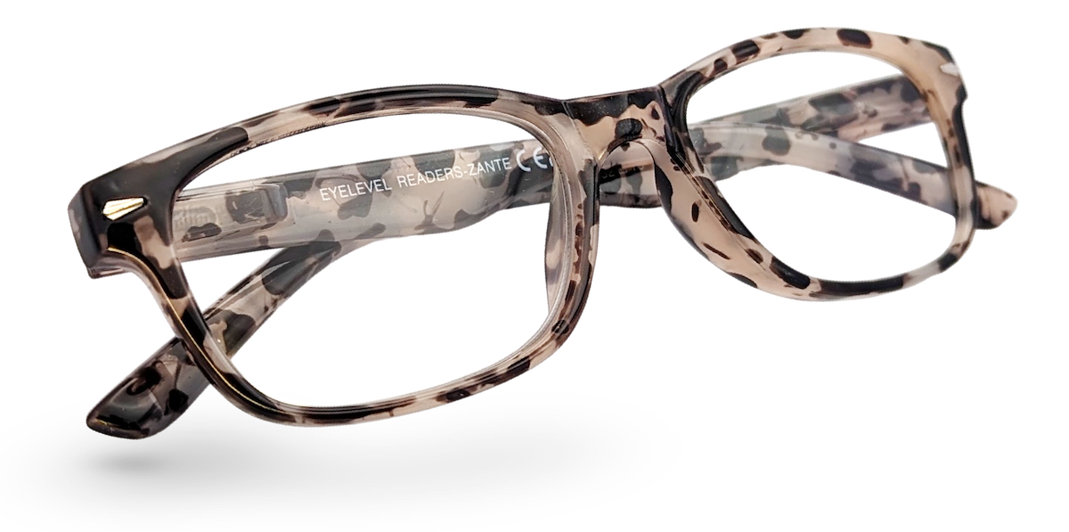 Eyelevel-UK Zante reading glasses with a brown and beige tortoiseshell rectangular frame and clear magnifying lenses.