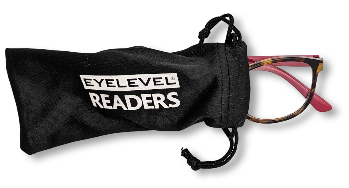 Eyelevel-UK Zurich reading glasses with tortoiseshell frames and berry-pink temples inside a black drawstring pouch