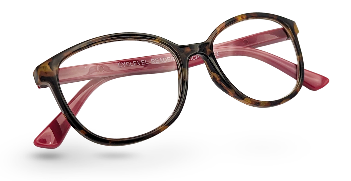 Eyelevel-UK Zurich reading glasses with a tortoiseshell square frame and contrasting berry-pink temples
