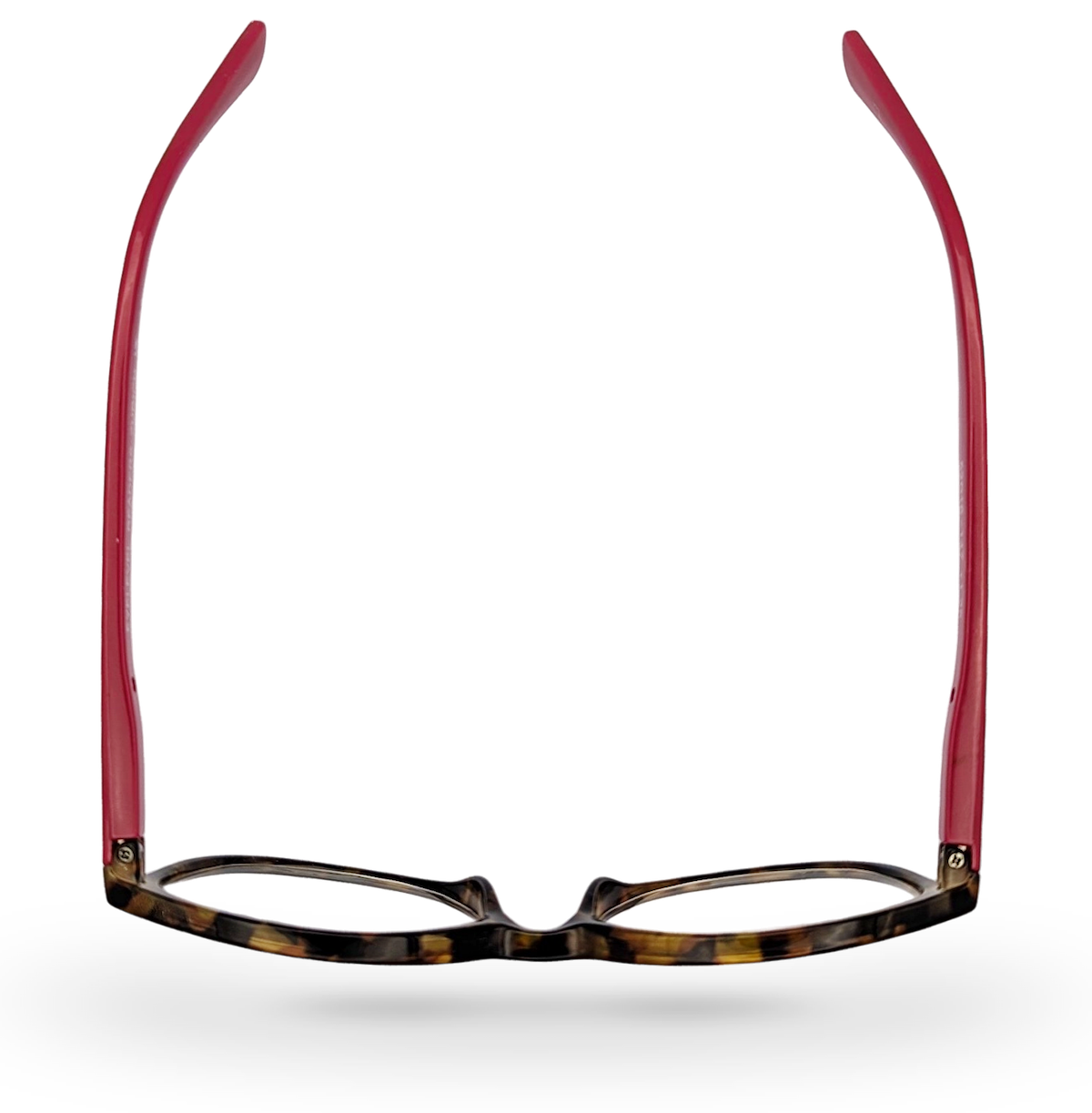 Eyelevel-UK Zurich reading glasses with tortoiseshell frames and berry-pink temples viewed from above