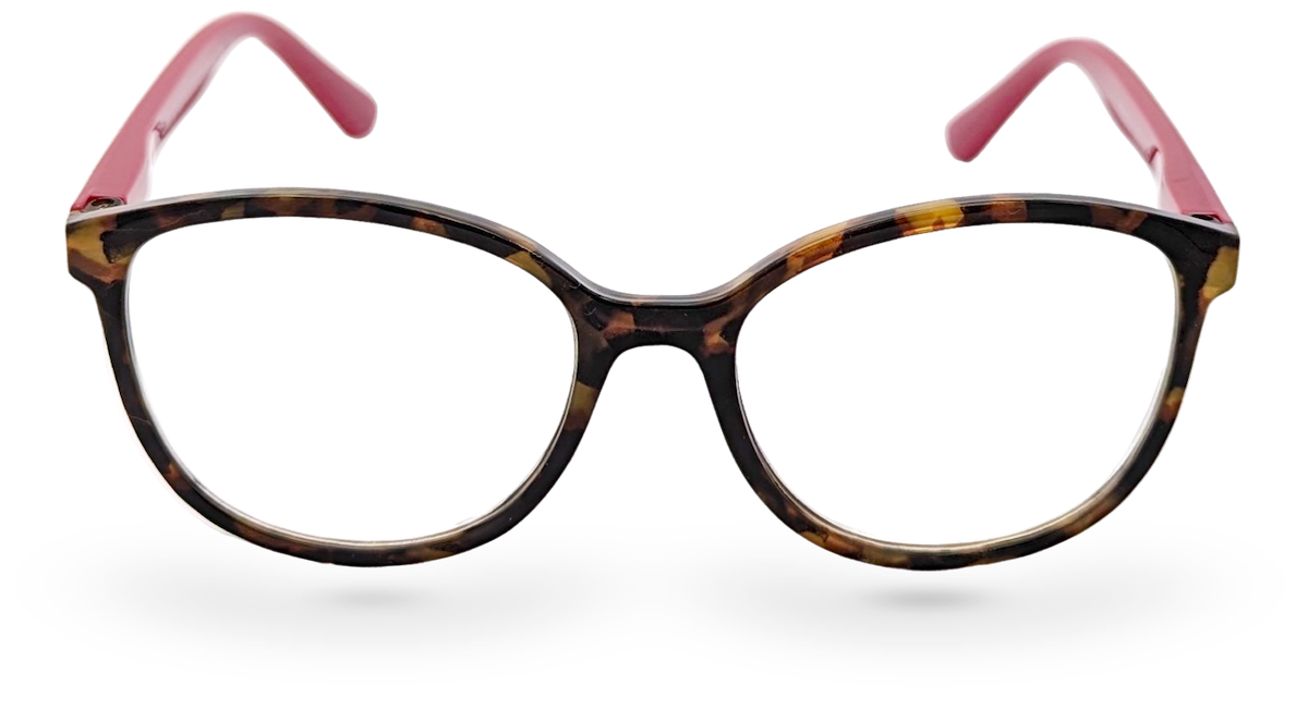 Eyelevel-UK Zurich reading glasses with a tortoiseshell rounded square frame and contrasting berry-pink temples.
