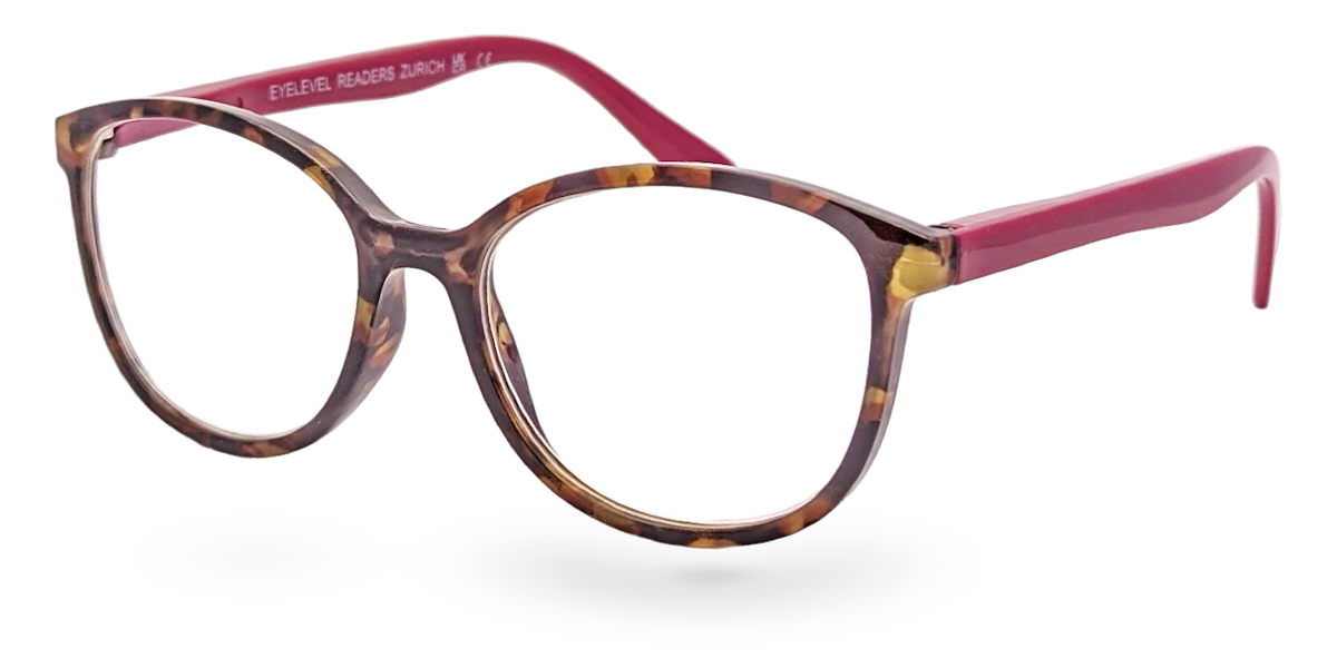 Eyelevel-UK Zurich reading glasses with a rounded square tortoiseshell frame and vibrant berry-pink temples.
