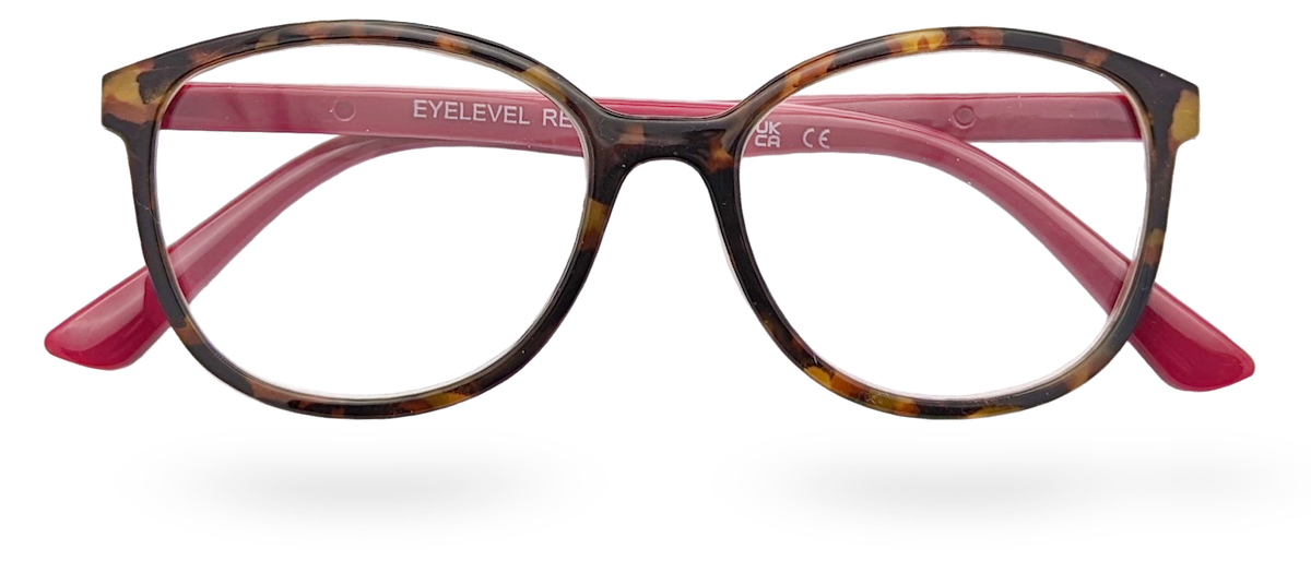Eyelevel-UK Zurich reading glasses with a tortoiseshell square frame and berry-pink temples on a white background.