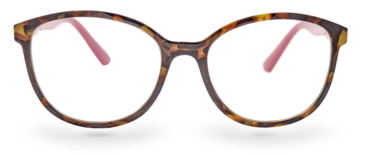 Eyelevel-UK Zurich reading glasses with a tortoiseshell rounded square frame and contrasting berry-pink temples.