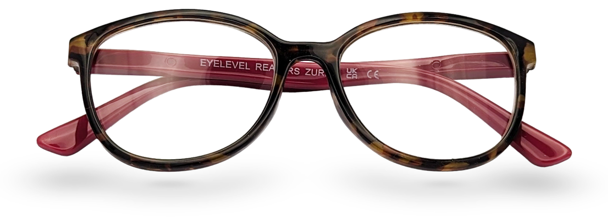 Eyelevel-UK Zurich reading glasses with a tortoiseshell square frame and berry-pink temples.