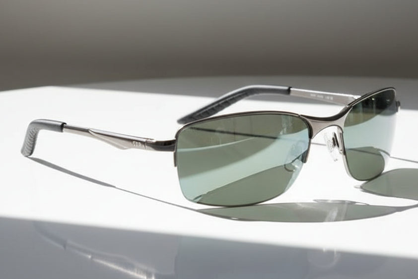 Sunglasses with green lenses on a reflective surface