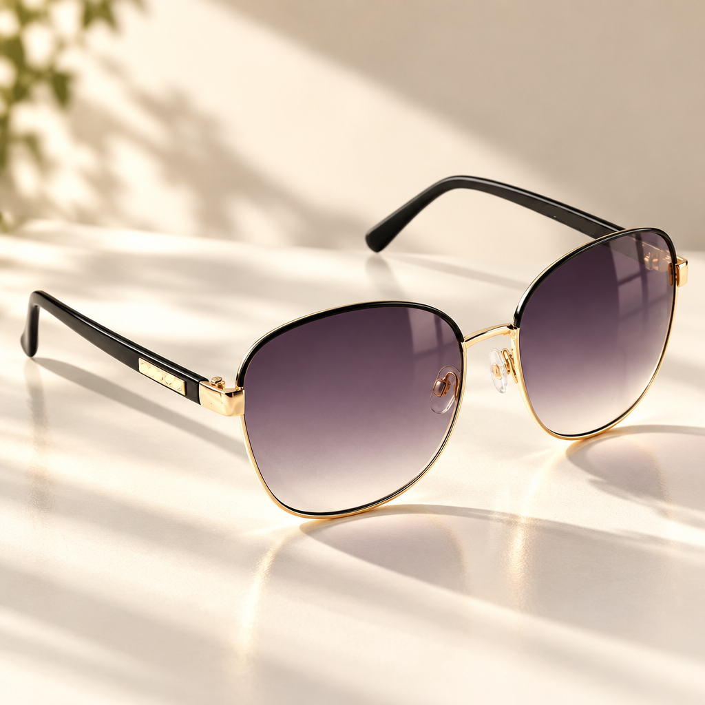 A pair of sunglasses with a gold frame and brown lenses, featuring diamante detail on the arms.