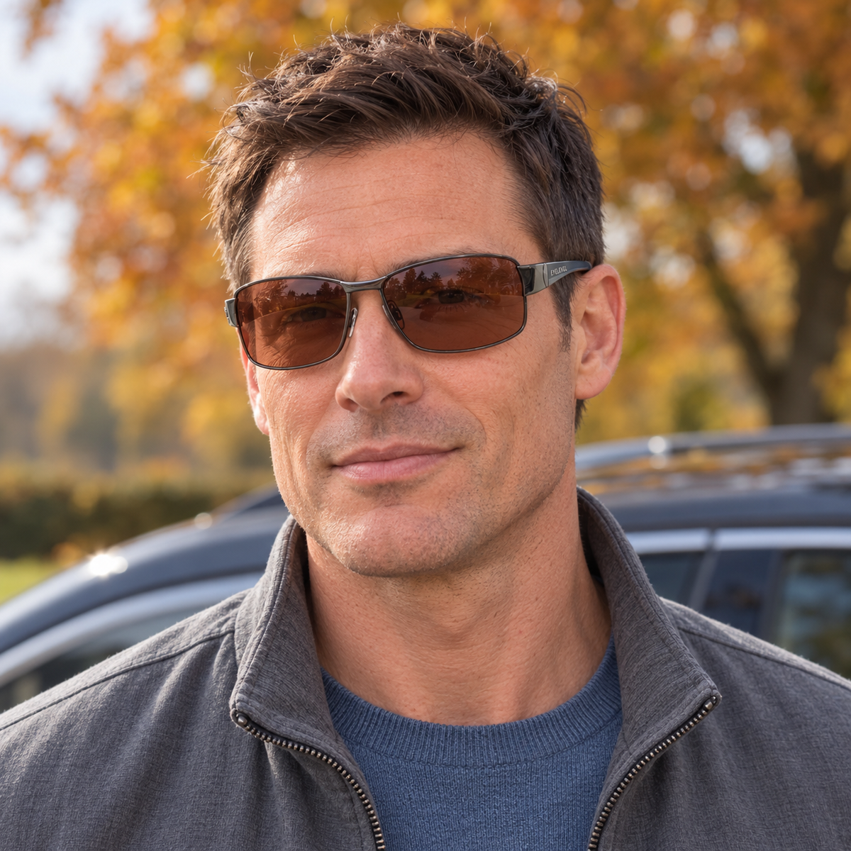 A man wearing Eyelevel-UK Accelerate polarized driving sunglasses with gunmetal frames and copper lenses outdoors.