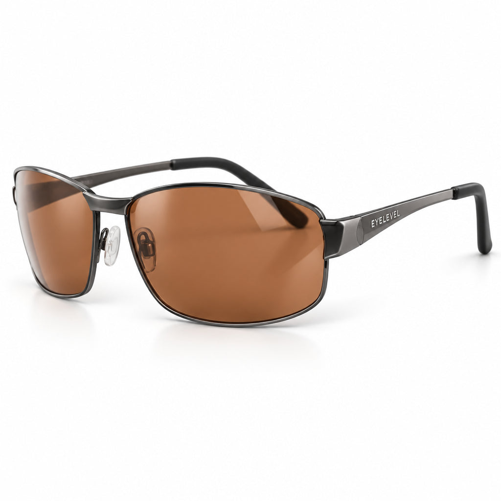 Eyelevel-UK Accelerate polarized driving sunglasses with a gunmetal frame and copper lenses for reduced road glare.