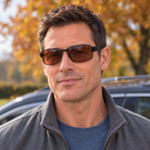 Man wearing Eyelevel-UK Accelerate polarized driving sunglasses with black frames and copper lenses outdoors.