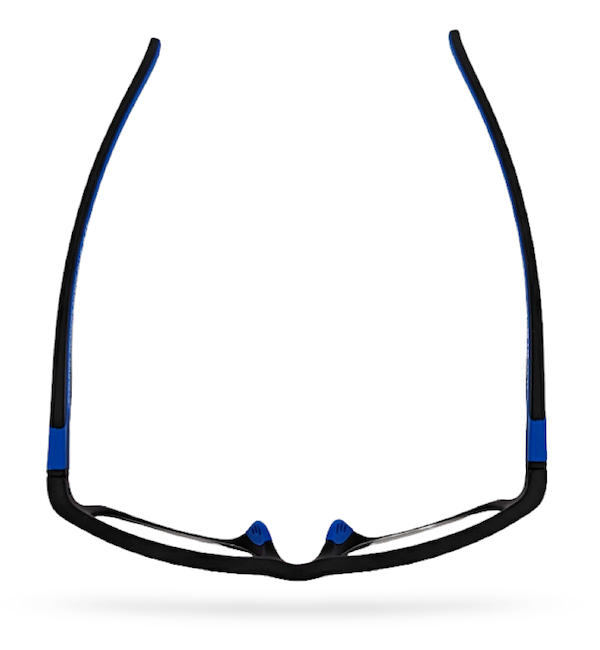 Eyelevel-UK Active Blue reading glasses with black rectangular frames and bright blue temple and nose bridge details.