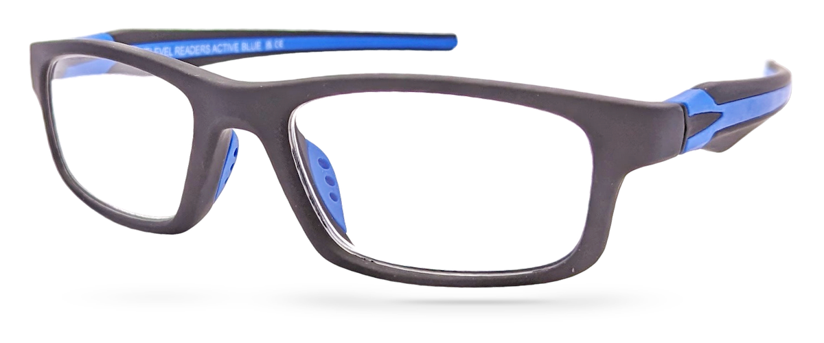 Eyelevel-UK Active Blue reading glasses with a black rectangular frame and vibrant blue temple and nose pad details.