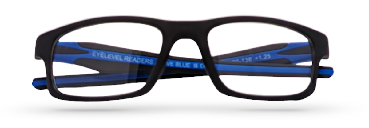 Eyelevel-UK Active Blue reading glasses with a black rectangular frame and blue temple accents on a white background