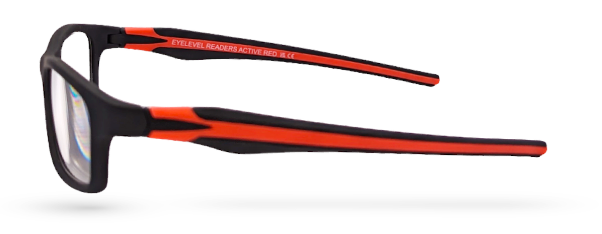 Eyelevel-UK Active Red reading glasses with a black rectangular frame and vibrant red temple detailing
