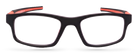 Eyelevel-UK Active Red reading glasses with a black rectangular plastic frame and bright red temple detailing.