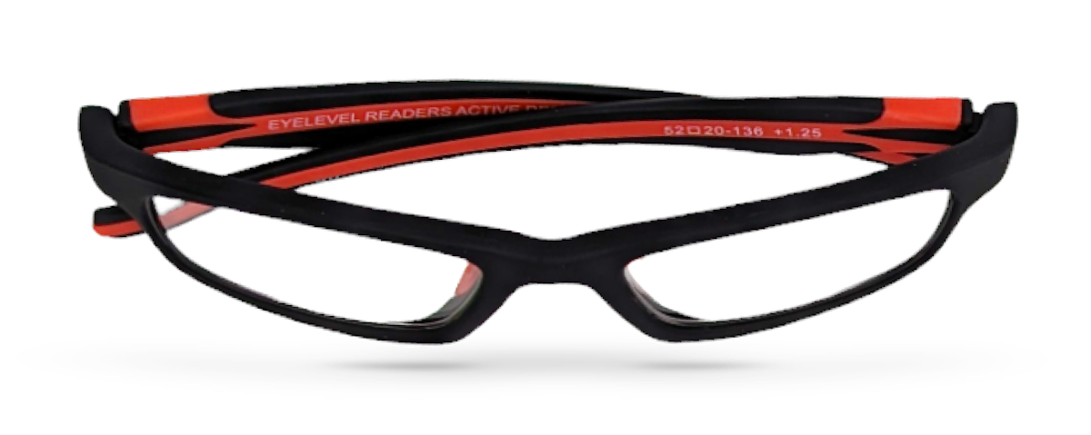 Eyelevel-UK Active Red reading glasses with black rectangular frames and bright red temple detailing folded