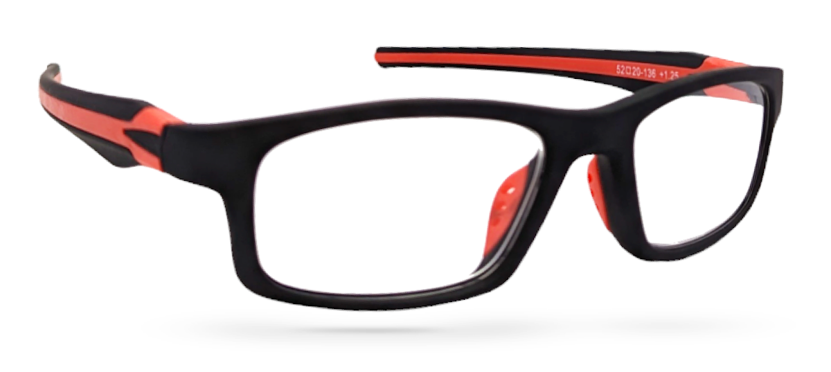 Eyelevel-UK Active Red reading glasses featuring a black rectangular frame with bright red temple accents.