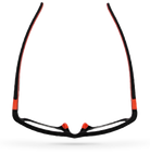 Eyelevel-UK Active Red reading glasses with black rectangular frames and bright red temple accents, top-down view.
