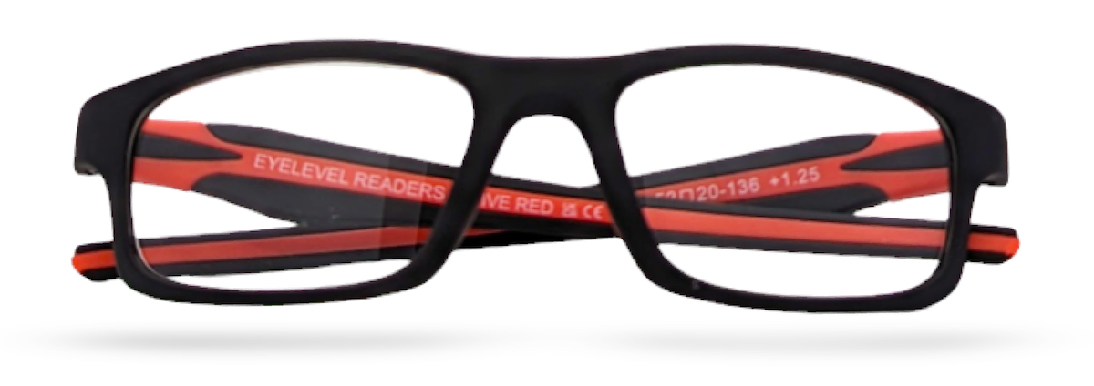 Eyelevel-UK Active Red reading glasses featuring a black rectangular plastic frame with bright red temple detailing.