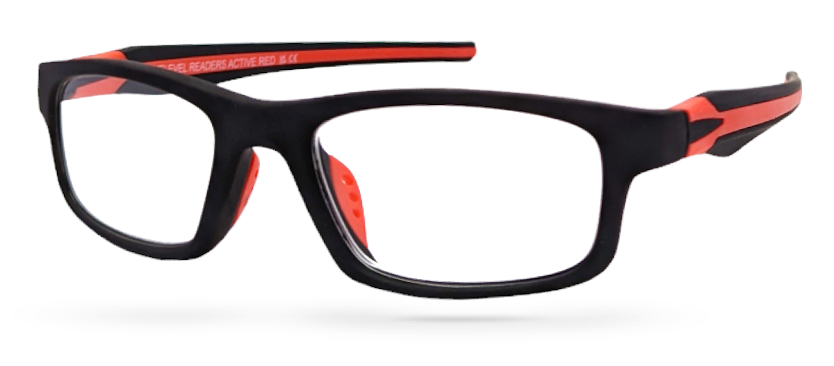 Eyelevel-UK Active Red reading glasses featuring a black rectangular plastic frame with vibrant red temple accents.