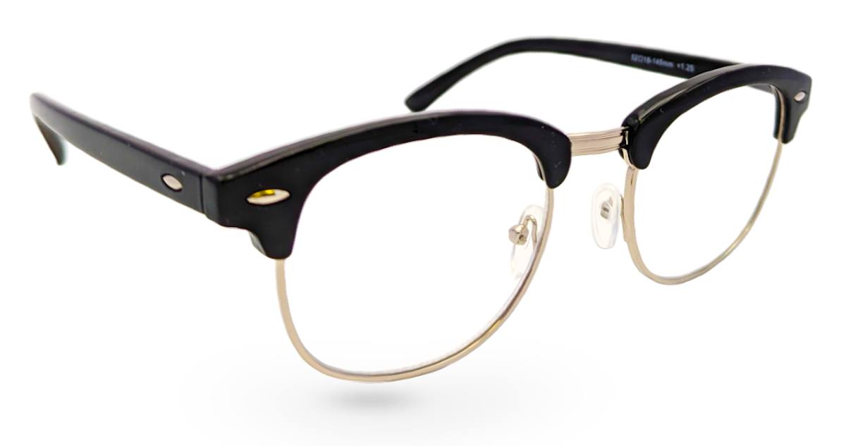 Eyelevel-UK Albany black and gold semi-rimless browline reading glasses with clear magnifying lenses.