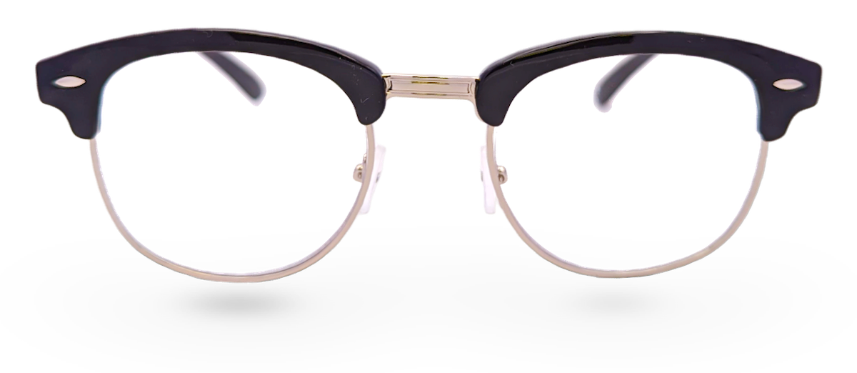Eyelevel-UK Albany black and gold semi-rimless browline reading glasses with clear magnifying lenses.