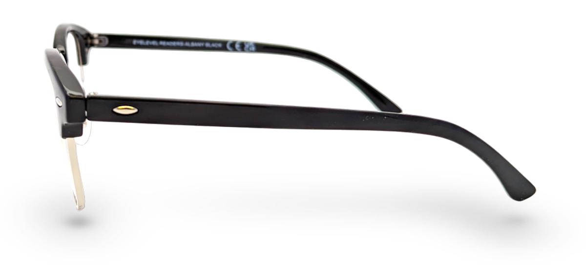 Eyelevel-UK Albany black and gold semi-rimless browline reading glasses, side profile view.