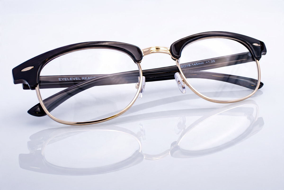 Eyelevel-UK Albany black and gold semi-rimless browline reading glasses with clear magnifying lenses