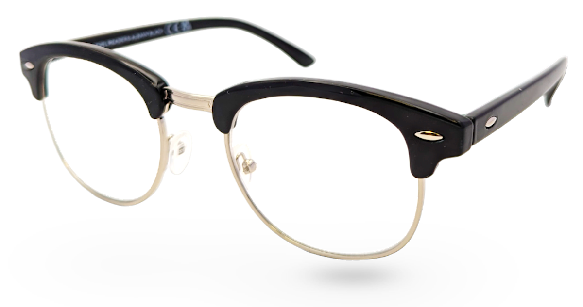 Eyelevel-UK Albany black and gold browline reading glasses with a semi-rimless frame design.
