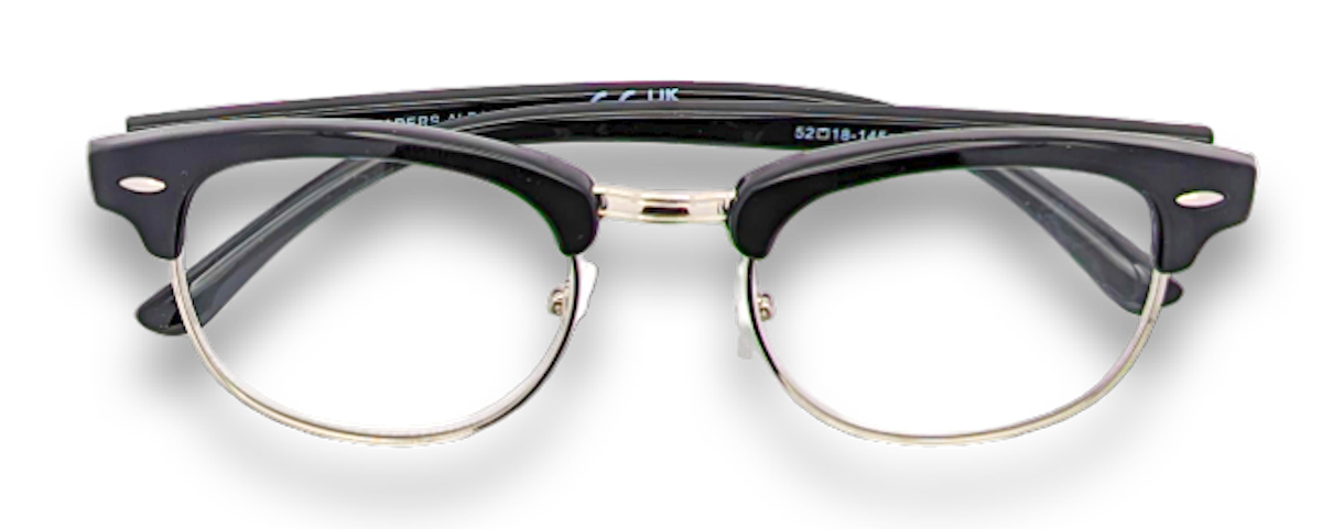 Eyelevel-UK Albany black and gold browline reading glasses with semi-rimless frame and clear magnifying lenses