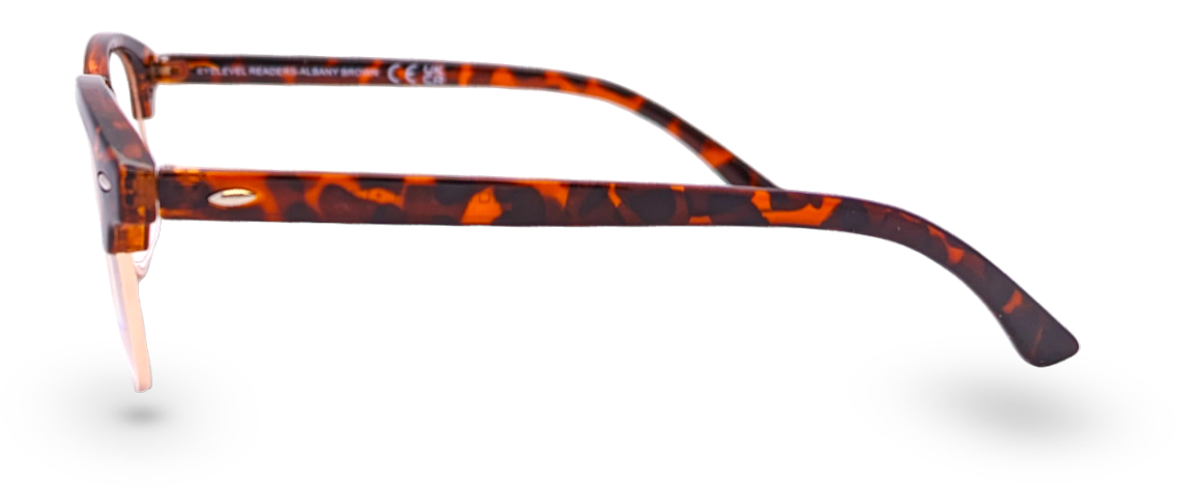 Eyelevel-UK Albany brown tortoiseshell browline reading glasses with a semi-rimless gold frame, side view.