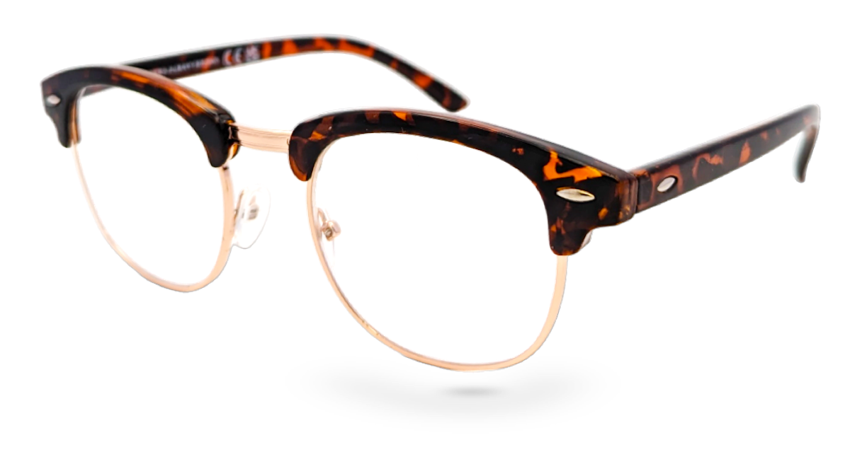 Eyelevel-UK Albany brown tortoiseshell and gold semi-rimless browline reading glasses with clear magnifying lenses.