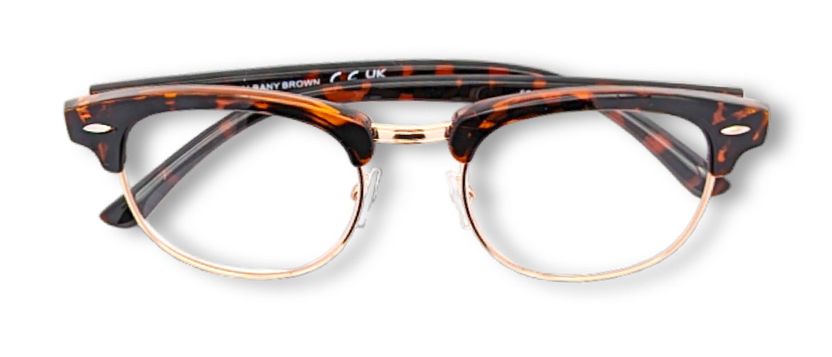 Eyelevel-UK Albany brown tortoiseshell and gold semi-rimless browline reading glasses with clear magnifying lenses