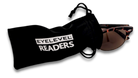 Eyelevel-UK Albany brown tortoiseshell sun readers partially inside a black branded drawstring storage pouch.