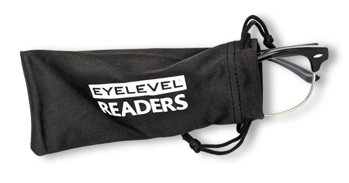Eyelevel-UK Albany black reading glasses partially inside a black branded felt drawstring pouch