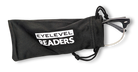 Eyelevel-UK Albany black reading glasses partially inside a black branded felt drawstring pouch