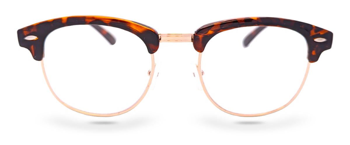 Eyelevel-UK Albany brown tortoiseshell and gold semi-rimless browline reading glasses with clear magnifying lenses.