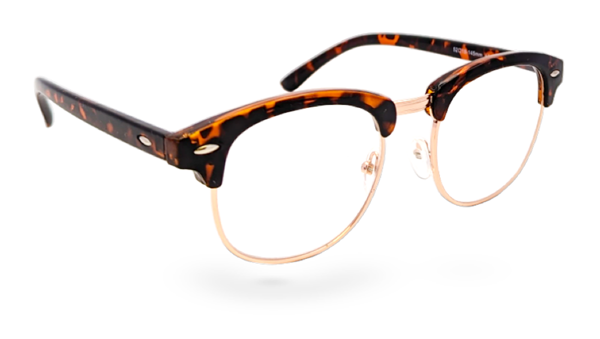 Eyelevel-UK Albany brown tortoiseshell and gold semi-rimless browline reading glasses with clear magnifying lenses.
