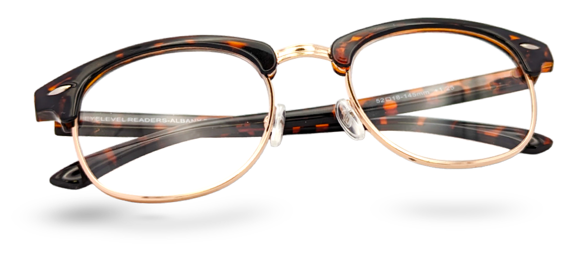 Eyelevel-UK Albany brown tortoiseshell and gold semi-rimless browline reading glasses with clear lenses