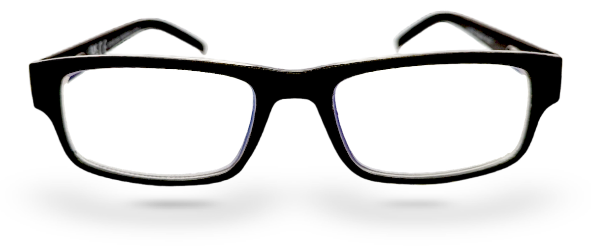 Eyelevel-UK Alfie black rectangular anti-blue light glasses with slim plastic frames and clear non-magnified lenses.