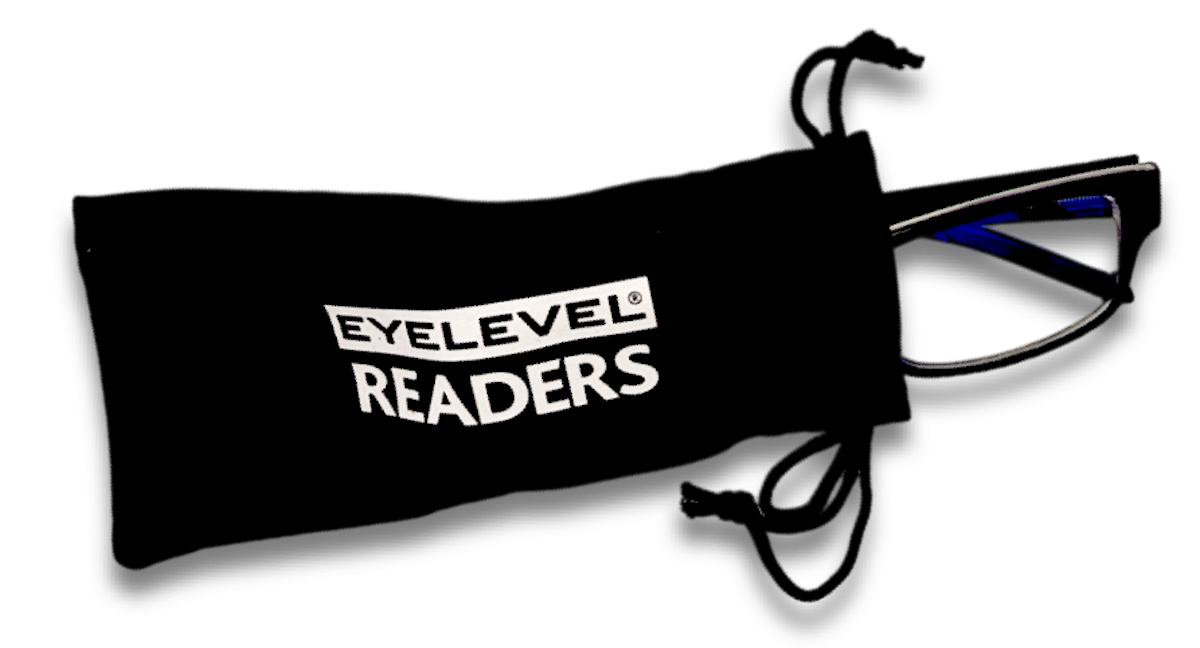 Eyelevel-UK Alfie black rectangular anti-blue light glasses inside a branded black drawstring storage pouch