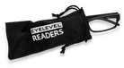 Eyelevel-UK Alfie black rectangular reading glasses partially tucked into a branded black drawstring storage pouch.