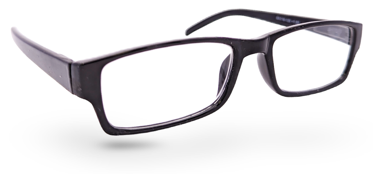Eyelevel-UK Alfie reading glasses featuring a slim black rectangular plastic frame and clear magnifying lenses.