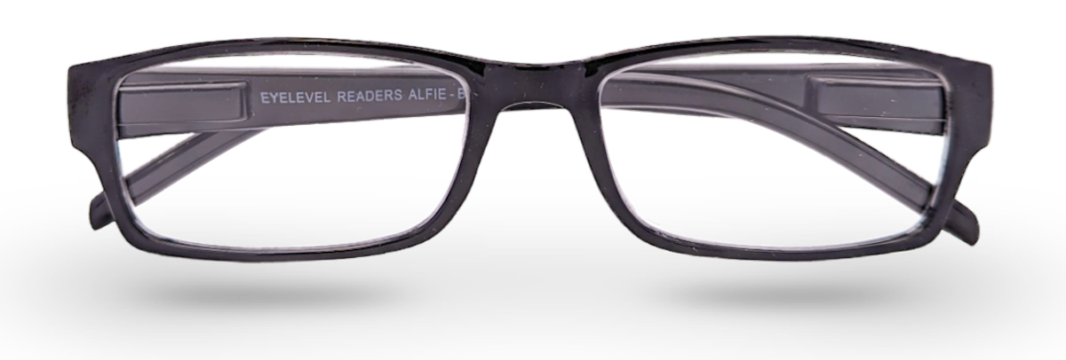 Eyelevel-UK Alfie reading glasses featuring a classic slim black rectangular plastic frame and clear magnifying lenses.