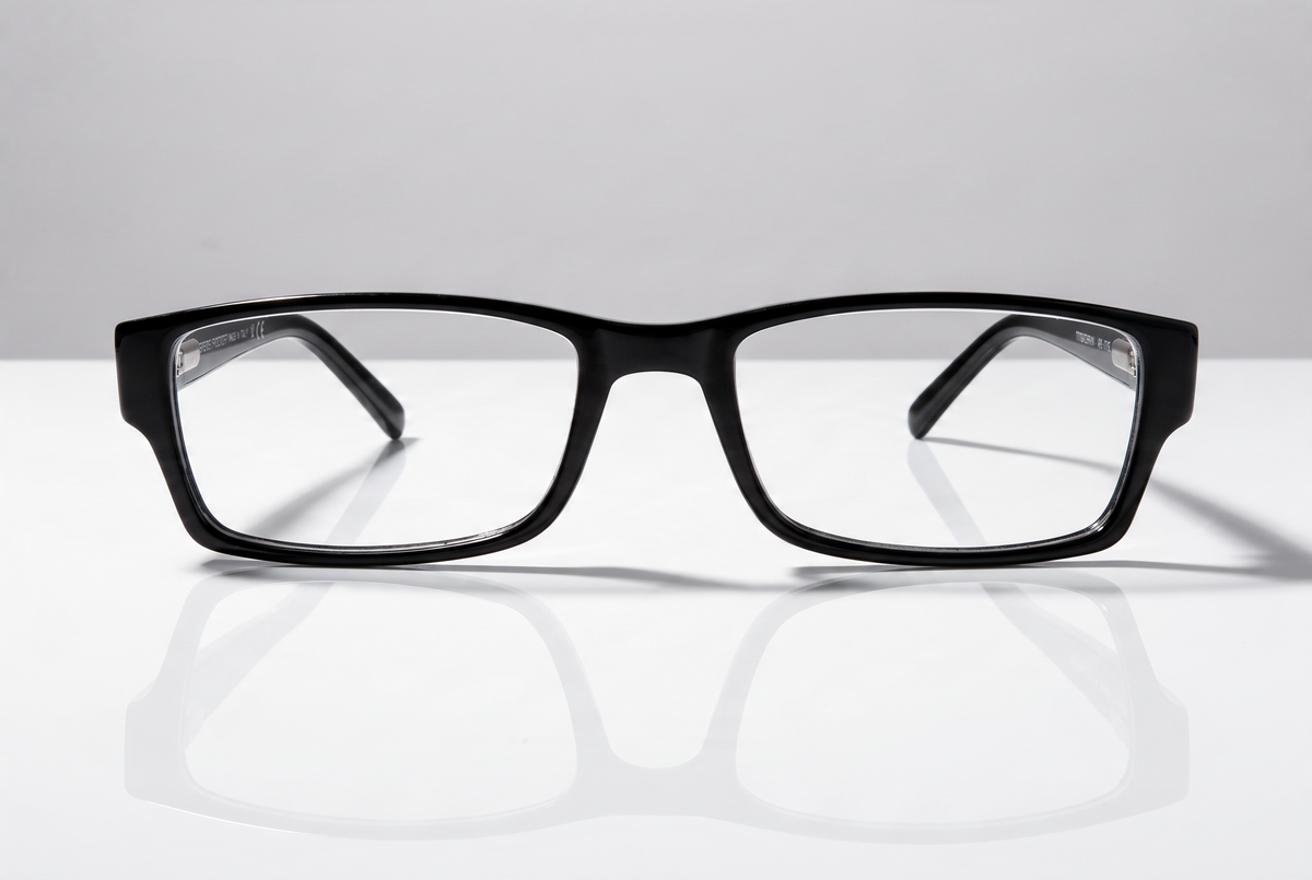 Eyelevel-UK Alfie reading glasses featuring a slim black rectangular plastic frame on a reflective white surface.